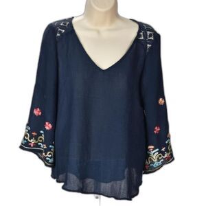 Anthropologie Fig and Flower Rayon Crepe Tunic Embroidered Flair Sleeve Size M